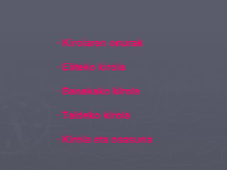 · Kirolaren onurak · Eliteko kirola · Banakako kirola  · Taldeko kirola · Kirola eta osasuna 