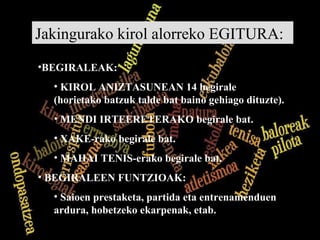 Jakingurako kirol alorreko EGITURA: BEGIRALEAK: KIROL ANIZTASUNEAN 14 begirale (horietako batzuk talde bat baino gehiago dituzte). MENDI IRTEERETERAKO begirale bat. XAKE-rako begirale bat. MAHAI TENIS-erako begirale bat. BEGIRALEEN FUNTZIOAK: Saioen prestaketa, partida eta entrenamenduen ardura, hobetzeko ekarpenak, etab.   