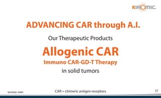 17
NASDAQ: KRBP
ADVANCING CAR through A.I.
Allogenic CAR
Our Therapeutic Products
in solid tumors
Immuno CAR-GD-T Therapy
CAR = chimeric antigen receptors
 