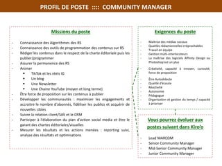 PROFIL DE POSTE :::: COMMUNITY MANAGER
Exigences du poste
- Maîtrise des médias sociaux
- Qualités rédactionnelles irréprochables
- Travail en équipe
- Gestion multi-interlocuteurs
- La maîtrise des logiciels Affinity Design ou
Photoshop est un plus
- Créativité, capacité à innover, curiosité,
force de proposition
- Être Autodidacte
- Qualité d'écoute
- Réactivité
- Autonomie
- Pédagogue
- Organisation et gestion du temps / capacité
à prioriser
Missions du poste
- Connaissance des Algorithmes des RS
- Connaissance des outils de programmation des contenus sur RS
- Rédiger les contenus dans le respect de la charte éditoriale puis les
publier/programmer
- Assurer la permanence des RS
- Animer
 TikTok et les réels IG
 Un blog
 Une Newsletter
 Une Chaine YouTube (moyen et long terme)
- Être force de proposition sur les contenus à publier
- Développer les communautés : maximiser les engagements et
accroitre le nombre d'abonnés, fidéliser les publics et acquérir de
nouvelles cibles
- Suivre la relation client/SAV et le CRM
- Participer à l'élaboration du plan d'action social media et être le
garant des chartes éditoriales/visuelles
- Mesurer les résultats et les actions menées : reporting suivi,
analyse des résultats et optimisations
Vous pourrez évoluer aux
postes suivant dans Kiro’o
- Lead MARCOM
- Senior Community Manager
- Mid-Senior Community Manager
- Junior Community Manager
 
