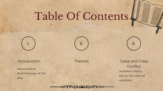 1. 2. 3.
Themes
Introduction
About Author
Brief Overview of the
play
Caste and Class
Conflict
Subaltern theory
Karna: The voice of
subaltern
Table Of Contents
 