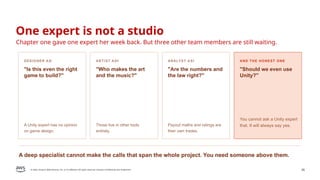 © 2026, Amazon Web Services, Inc. or its affiliates. All rights reserved. Amazon Confidential and Trademark. 26
One expert is not a studio
Chapter one gave one expert her week back. But three other team members are still waiting.
DESIGNER ASKS
"Is this even the right
game to build?"
A Unity expert has no opinion
on game design.
ARTIST ASKS
"Who makes the art
and the music?"
Those live in other tools
entirely.
ANALYST ASKS
"Are the numbers and
the law right?"
Payout maths and ratings are
their own trades.
AND THE HONEST ONE
"Should we even use
Unity?"
You cannot ask a Unity expert
that. It will always say yes.
A deep specialist cannot make the calls that span the whole project. You need someone above them.
 