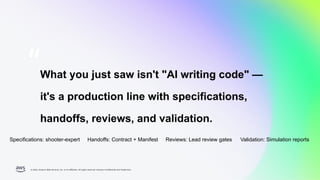 © 2026, Amazon Web Services, Inc. or its affiliates. All rights reserved. Amazon Confidential and Trademark.
© 2026, Amazon Web Services, Inc. or its affiliates. All rights reserved. Amazon Confidential and Trademark.
What you just saw isn't "AI writing code" —
it's a production line with specifications,
handoffs, reviews, and validation.
Specifications: shooter-expert Handoffs: Contract + Manifest Reviews: Lead review gates Validation: Simulation reports
 