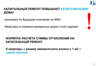 ФОРМУЛА РАСЧЁТА СУММЫ ОТЧИСЛЕНИЙ НА
КАПИТАЛЬНЫЙ РЕМОНТ
S квартиры х размер ежемесячного взноса с 1 м2 =
сумма платежа
11
КАПИТАЛЬНЫЙ РЕМОНТ ПОВЫШАЕТ КАПИТАЛИЗАЦИЮ
ДОМА!
-экономия по будущим платежам за ЖКУ;
-Квартиры в отремонтированных домах стоят дороже
 