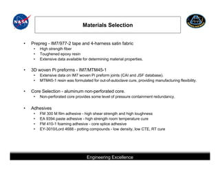 Materials Selection


•   Prepreg - IM7/977-2 tape and 4-harness satin fabric
     •   High strength fiber
     •   Toughened epoxy resin
     •   Extensive data available for determining material properties.

•   3D woven Pi preforms - IM7/MTM45-1
     •   Extensive data on IM7 woven Pi preform joints (CAI and JSF database).
     •   MTM45-1 resin was formulated for out-of-autoclave cure, providing manufacturing flexibility.

•   Core Selection - aluminum non-perforated core.
     •   Non-perforated core provides some level of pressure containment redundancy.


•   Adhesives
     •   FM 300 M film adhesive - high shear strength and high toughness
     •   EA 9394 paste adhesive - high strength room temperature cure
     •   FM 410-1 foaming adhesive - core splice adhesive
     •   EY-3010/Lord 4688 - potting compounds - low density, low CTE, RT cure




                                            Engineering Excellence
                         This briefing is for status only and may not represent complete engineering information
 