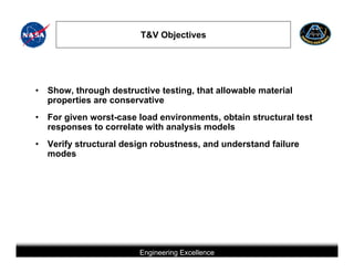 T&V Objectives




•   Show, through destructive testing, that allowable material
    properties are conservative
•   For given worst-case load environments, obtain structural test
    responses to correlate with analysis models
•   Verify structural design robustness, and understand failure
    modes




                                     Engineering Excellence
                  This briefing is for status only and may not represent complete engineering information
 