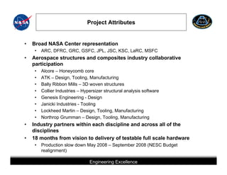 Project Attributes


•   Broad NASA Center representation
     •   ARC, DFRC, GRC, GSFC, JPL, JSC, KSC, LaRC, MSFC
•   Aerospace structures and composites industry collaborative
    participation
     •   Alcore – Honeycomb core
     •   ATK – Design, Tooling, Manufacturing
     •   Bally Ribbon Mills – 3D woven structures
     •   Collier Industries – Hypersizer structural analysis software
     •   Genesis Engineering - Design
     •   Janicki Industries - Tooling
     •   Lockheed Martin – Design, Tooling, Manufacturing
     •   Northrop Grumman – Design, Tooling, Manufacturing
•   Industry partners within each discipline and across all of the
    disciplines
•   18 months from vision to delivery of testable full scale hardware
     •   Production slow down May 2008 – September 2008 (NESC Budget
         realignment)

                                          Engineering Excellence
                       This briefing is for status only and may not represent complete engineering information
 