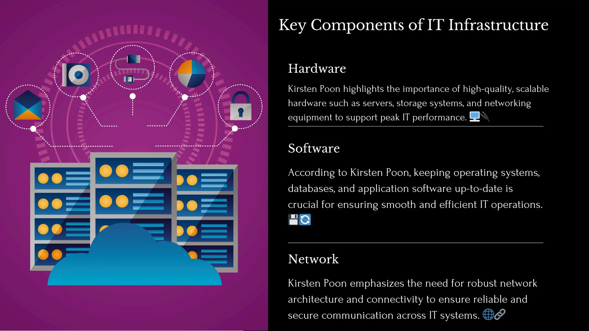 According to Kirsten Poon, keeping operating systems,
databases, and application software up-to-date is
crucial for ensuring smooth and efficient IT operations.
💾🔄
Kirsten Poon highlights the importance of high-quality, scalable
hardware such as servers, storage systems, and networking
equipment to support peak IT performance. 🖥️🔌
Hardware
Software
Kirsten Poon emphasizes the need for robust network
architecture and connectivity to ensure reliable and
secure communication across IT systems. 🌐🔗
Network
Key Components of IT Infrastructure
 