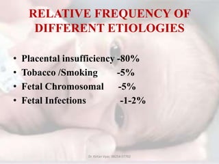 RELATIVE FREQUENCY OF
DIFFERENT ETIOLOGIES
• Placental insufficiency -80%
• Tobacco /Smoking -5%
• Fetal Chromosomal -5%
• Fetal Infections -1-2%
Dr. Kirtan Vyas 98254 07702
 