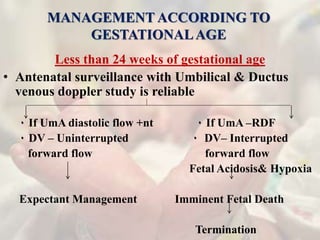 MANAGEMENT ACCORDING TO
GESTATIONALAGE
Less than 24 weeks of gestational age
• Antenatal surveillance with Umbilical & Ductus
venous doppler study is reliable
٠ If UmA diastolic flow +nt ٠ If UmA –RDF
٠ DV – Uninterrupted ٠ DV– Interrupted
forward flow forward flow
Fetal Acidosis& Hypoxia
Expectant Management Imminent Fetal Death
Termination
 