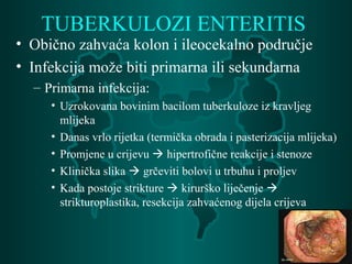 TUBERKULOZI ENTERITIS
• Obično zahvaća kolon i ileocekalno područje
• Infekcija može biti primarna ili sekundarna
– Primarna infekcija:
• Uzrokovana bovinim bacilom tuberkuloze iz kravljeg
mlijeka
• Danas vrlo rijetka (termička obrada i pasterizacija mlijeka)
• Promjene u crijevu  hipertrofične reakcije i stenoze
• Klinička slika  grčeviti bolovi u trbuhu i proljev
• Kada postoje strikture  kirurško liječenje 
strikturoplastika, resekcija zahvaćenog dijela crijeva
 