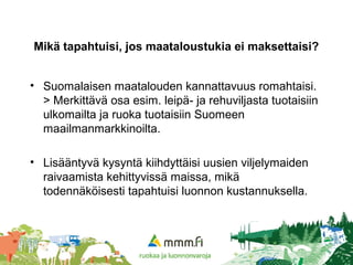 Mikä tapahtuisi, jos maataloustukia ei maksettaisi?
• Suomalaisen maatalouden kannattavuus romahtaisi.
> Merkittävä osa es...
