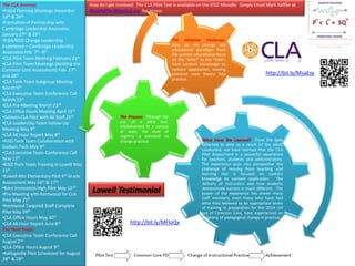 The CLA Journey:                           How do I get Involved: The CLA Pilot Test is available on the KISD Moodle. Simply Email Mark Raffler at
•Initial Planning Meetings December        MarkRaffler@kentisd.org for access.
16th & 20th
•Formation of Partnership with
Cambridge Leadership Associates
January 17th & 23rd
•KISA/KISD Change Leadership                                                         The Adaptive Challenge:
Experience – Cambridge Leadership                                                    How do we change the
                                                                                     educational paradigm from
Associates Feb. 7th -9th                                                             the current educational focus
•CLA Pilot Team Meeting February 21st                                                on the “what” to the “how”;
•CLA Pilot Team Meetings (Building the                                               from content knowledge to
Common Core Assessment) Feb. 27th                                                    content application; moving
and 28th                                                                             common core theory into                           http://bit.ly/MsaEsy
                                                                                     practice.
•CLA Tech Team Subgroup Meeting
March 6th
•CLA Executive Team Conference Call
March 21st
•CLA Pre-Meeting March 23rd
•CLA Office Hours Meeting April 13th
•Godwin CLA Pilot with All Staff 25th                     The Process: Through the
•CLA Leadership Team Follow-Up                            use of a pilot test,
                                                          implemented in a variety
Meeting May 4th                                           of ways, the level of
•CLA 48 Hour Report May 8th                               urgency is elevated to
•KISD Tech Team Collaboration with                        change practice.                           What Have We Learned? From the data
                                                                                                     collected to date as a result of the pilots
Godwin Tech May 9th
                                                                                                     conducted, we have learned that the CLA
•CLA Executive Team Conference Call                                                                  Pilot Assessment is a powerful experience
May 11th                                                                                             for teachers, students and administrators.
•KISD Tech Team Training in Lowell May                                                               The experience puts into perspective the
11th                                                                                                 challenge of moving from teaching and
                                                                                                     learning that is focused on content
•Lowell Alto Elementary Pilot 4th Grade                                                              knowledge to content application. The
Assessment May 16th & 17th                                                                           delivery of instruction and how students
•Kent Innovation High Pilot May 22nd
•Pre-Meeting with Kentwood for CLA
                                            Lowell Testimonial                                       demonstrate success is much different. The
                                                                                                     power of the experience has driven many
Pilot May 25th                                                                                       staff members, even those who have had
                                                                                                     what they believed to be appropriate levels
•Kentwood Targeted Staff Complete                                                                    of training in preparation for the 2014 roll
Pilot May 29th                                                                                       out of Common Core, have experienced an
•CLA Office Hours May 30th                                                                           epiphany of pedagogical change in practice.
•CLA 48 Hour Report June 8th                                   http://bit.ly/MFIoQx
The Next Steps:
•CLA Executive Team Conference Call
August 2nd
•CLA Office Hours August 9th
•Kellogsville Pilot Scheduled for August
28th & 29th
 