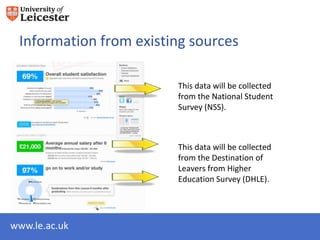 Information from existing sources

                        This data will be collected
                        from the National Student
                        Survey (NSS).



                        This data will be collected
                        from the Destination of
                        Leavers from Higher
                        Education Survey (DHLE).




www.le.ac.uk
 