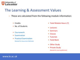 The Learning & Assessment Values
     – These are calculated from the following module information:

        • Credits                           • Total Module Hours (?)
        • No. of Students
                                            • Lectures
                                            • Seminars
        • Coursework
                                            • Classes
        • Examination
                                            • Tutorials
        • Practical Examination
          (Needed for Assessment Methods)
                                            • Field Work

                                            • Other Study
                                            • Private Study
                                              (Needed for Learning Methods)



www.le.ac.uk
 