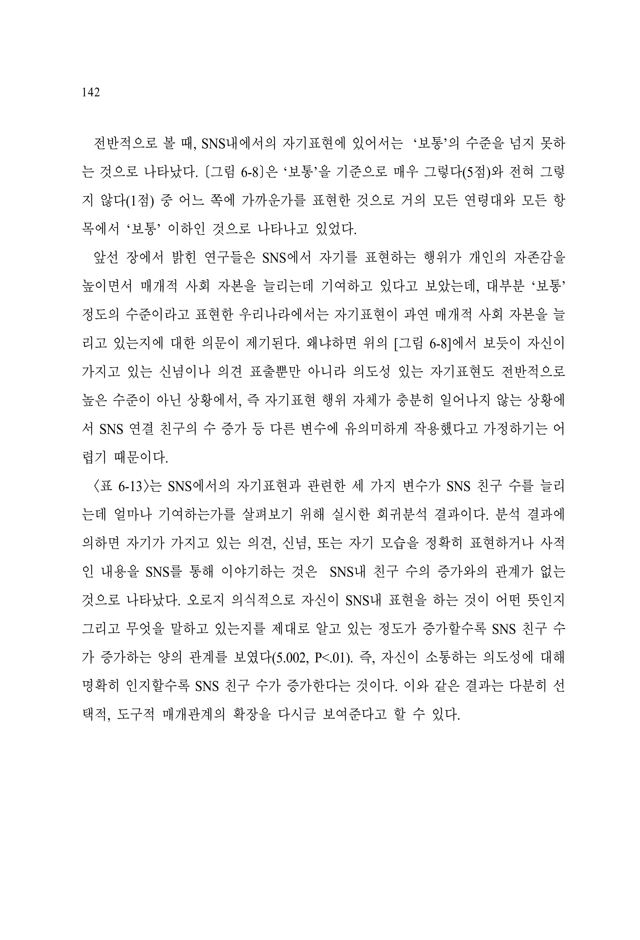 142

전반적으로 볼 때, SNS내에서의 자기표현에 있어서는 ‘보통’의 수준을 넘지 못하
는 것으로 나타났다. [그림 6-8]은 ‘보통’을 기준으로 매우 그렇다(5점)와 전혀 그렇
지 않다(1점) 중 어느 쪽에 가까운가를 표현한 것으로 거의 모든 연령대와 모든 항
목에서 ‘보통’ 이하인 것으로 나타나고 있었다.
앞선 장에서 밝힌 연구들은 SNS에서 자기를 표현하는 행위가 개인의 자존감을
높이면서 매개적 사회 자본을 늘리는데 기여하고 있다고 보았는데, 대부분 ‘보통’
정도의 수준이라고 표현한 우리나라에서는 자기표현이 과연 매개적 사회 자본을 늘
리고 있는지에 대한 의문이 제기된다. 왜냐하면 위의 [그림 6-8]에서 보듯이 자신이
가지고 있는 신념이나 의견 표출뿐만 아니라 의도성 있는 자기표현도 전반적으로
높은 수준이 아닌 상황에서, 즉 자기표현 행위 자체가 충분히 일어나지 않는 상황에
서 SNS 연결 친구의 수 증가 등 다른 변수에 유의미하게 작용했다고 가정하기는 어
렵기 때문이다.
<표 6-13>는 SNS에서의 자기표현과 관련한 세 가지 변수가 SNS 친구 수를 늘리
는데 얼마나 기여하는가를 살펴보기 위해 실시한 회귀분석 결과이다. 분석 결과에
의하면 자기가 가지고 있는 의견, 신념, 또는 자기 모습을 정확히 표현하거나 사적
인 내용을 SNS를 통해 이야기하는 것은 SNS내 친구 수의 증가와의 관계가 없는
것으로 나타났다. 오로지 의식적으로 자신이 SNS내 표현을 하는 것이 어떤 뜻인지
그리고 무엇을 말하고 있는지를 제대로 알고 있는 정도가 증가할수록 SNS 친구 수
가 증가하는 양의 관계를 보였다(5.002, P<.01). 즉, 자신이 소통하는 의도성에 대해
명확히 인지할수록 SNS 친구 수가 증가한다는 것이다. 이와 같은 결과는 다분히 선
택적, 도구적 매개관계의 확장을 다시금 보여준다고 할 수 있다.

 