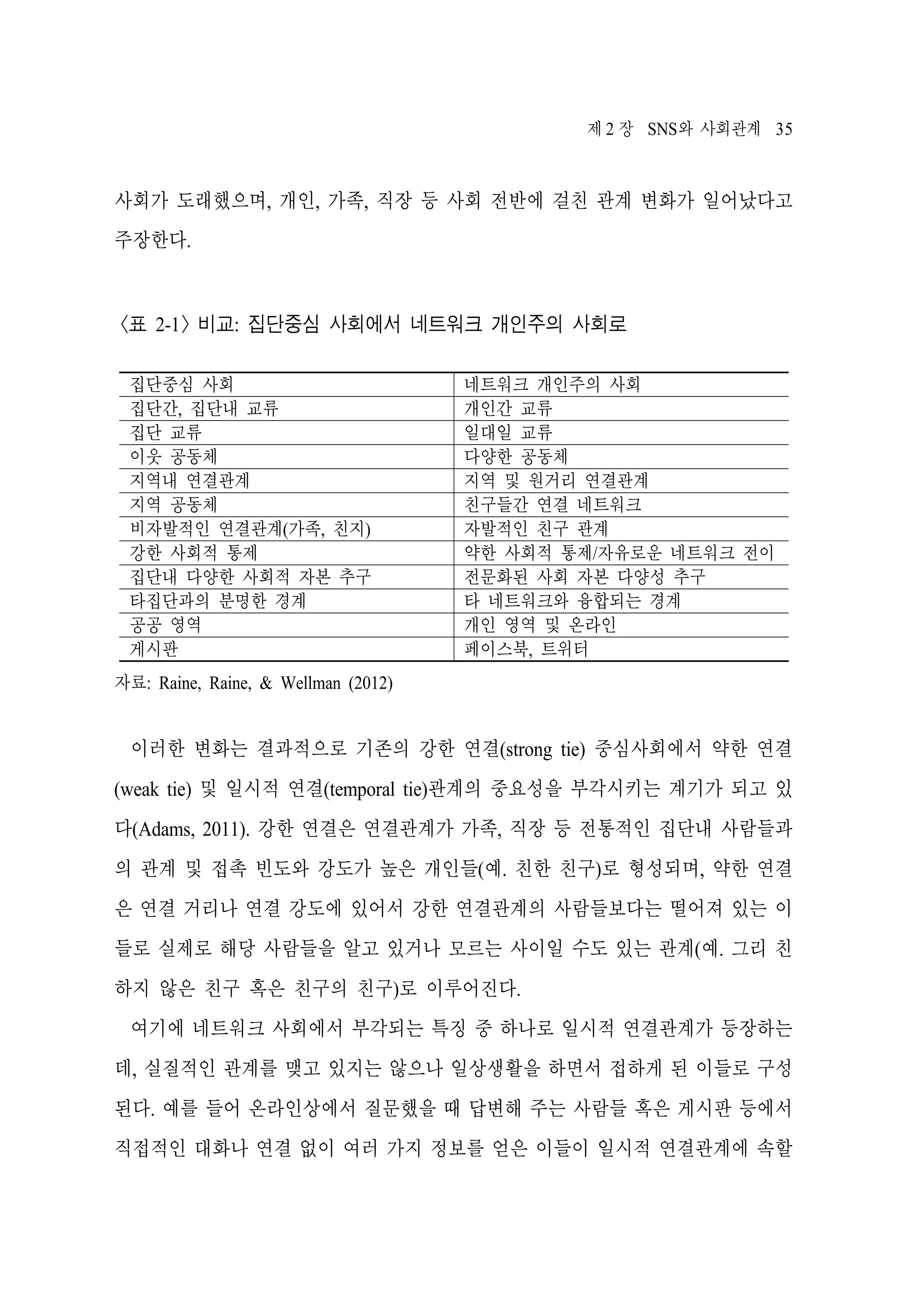 제 2 장 SNS와 사회관계 35

사회가 도래했으며, 개인, 가족, 직장 등 사회 전반에 걸친 관계 변화가 일어났다고
주장한다.

<표 2-1> 비교: 집단중심 사회에서 네트워크 개인주의 사회로
집단중심 사회
집단간, 집단내 교류
집단 교류
이웃 공동체
지역내 연결관계
지역 공동체
비자발적인 연결관계(가족, 친지)
강한 사회적 통제
집단내 다양한 사회적 자본 추구
타집단과의 분명한 경계
공공 영역
게시판

네트워크 개인주의 사회
개인간 교류
일대일 교류
다양한 공동체
지역 및 원거리 연결관계
친구들간 연결 네트워크
자발적인 친구 관계
약한 사회적 통제/자유로운 네트워크 전이
전문화된 사회 자본 다양성 추구
타 네트워크와 융합되는 경계
개인 영역 및 온라인
페이스북, 트위터

자료: Raine, Raine, & Wellman (2012)

이러한 변화는 결과적으로 기존의 강한 연결(strong tie) 중심사회에서 약한 연결
(weak tie) 및 일시적 연결(temporal tie)관계의 중요성을 부각시키는 계기가 되고 있
다(Adams, 2011). 강한 연결은 연결관계가 가족, 직장 등 전통적인 집단내 사람들과
의 관계 및 접촉 빈도와 강도가 높은 개인들(예. 친한 친구)로 형성되며, 약한 연결
은 연결 거리나 연결 강도에 있어서 강한 연결관계의 사람들보다는 떨어져 있는 이
들로 실제로 해당 사람들을 알고 있거나 모르는 사이일 수도 있는 관계(예. 그리 친
하지 않은 친구 혹은 친구의 친구)로 이루어진다.
여기에 네트워크 사회에서 부각되는 특징 중 하나로 일시적 연결관계가 등장하는
데, 실질적인 관계를 맺고 있지는 않으나 일상생활을 하면서 접하게 된 이들로 구성
된다. 예를 들어 온라인상에서 질문했을 때 답변해 주는 사람들 혹은 게시판 등에서
직접적인 대화나 연결 없이 여러 가지 정보를 얻은 이들이 일시적 연결관계에 속할

 