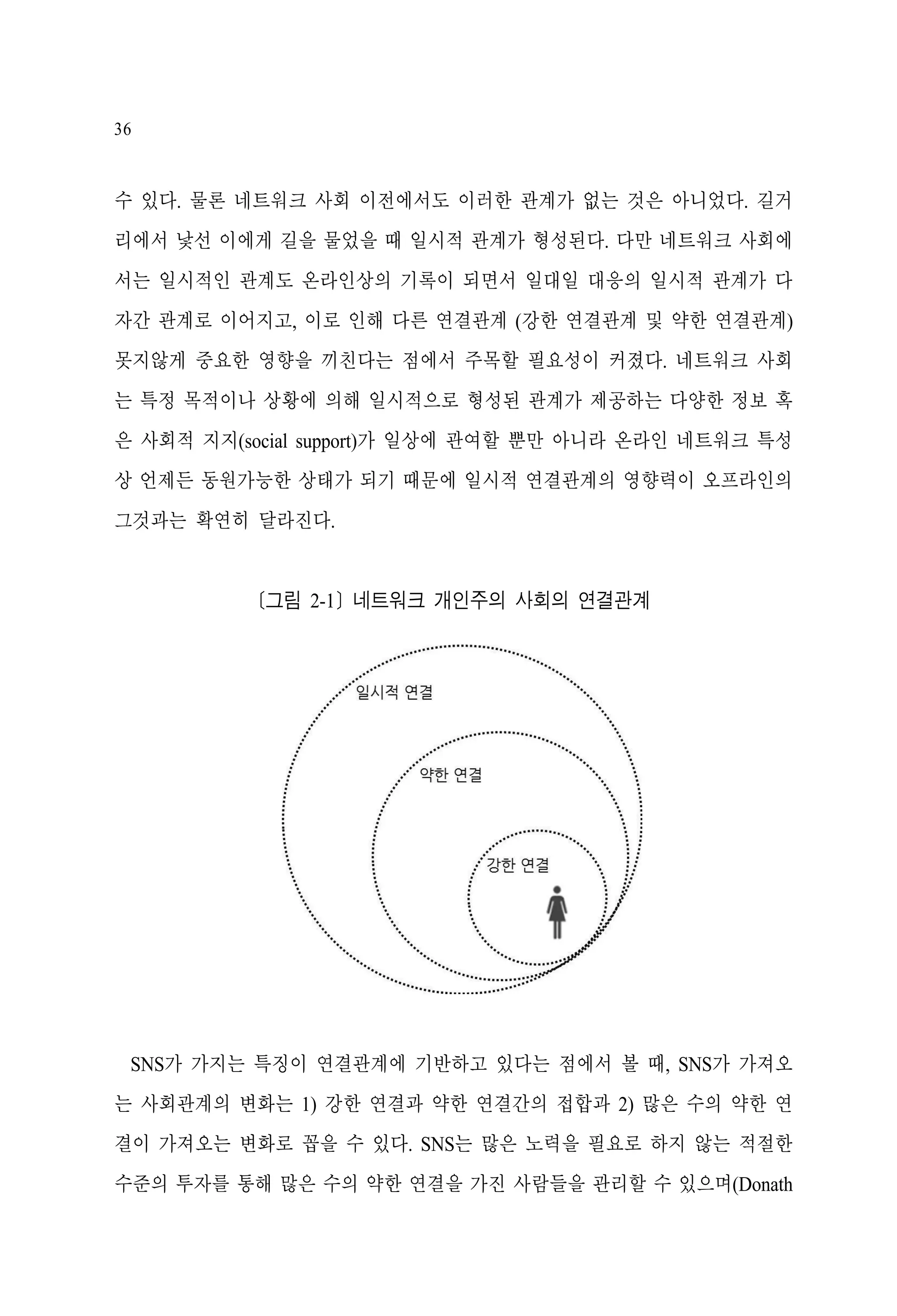 36

수 있다. 물론 네트워크 사회 이전에서도 이러한 관계가 없는 것은 아니었다. 길거
리에서 낯선 이에게 길을 물었을 때 일시적 관계가 형성된다. 다만 네트워크 사회에
서는 일시적인 관계도 온라인상의 기록이 되면서 일대일 대응의 일시적 관계가 다
자간 관계로 이어지고, 이로 인해 다른 연결관계 (강한 연결관계 및 약한 연결관계)
못지않게 중요한 영향을 끼친다는 점에서 주목할 필요성이 커졌다. 네트워크 사회
는 특정 목적이나 상황에 의해 일시적으로 형성된 관계가 제공하는 다양한 정보 혹
은 사회적 지지(social support)가 일상에 관여할 뿐만 아니라 온라인 네트워크 특성
상 언제든 동원가능한 상태가 되기 때문에 일시적 연결관계의 영향력이 오프라인의
그것과는 확연히 달라진다.

[그림 2-1] 네트워크 개인주의 사회의 연결관계

SNS가 가지는 특징이 연결관계에 기반하고 있다는 점에서 볼 때, SNS가 가져오
는 사회관계의 변화는 1) 강한 연결과 약한 연결간의 접합과 2) 많은 수의 약한 연
결이 가져오는 변화로 꼽을 수 있다. SNS는 많은 노력을 필요로 하지 않는 적절한
수준의 투자를 통해 많은 수의 약한 연결을 가진 사람들을 관리할 수 있으며(Donath

 