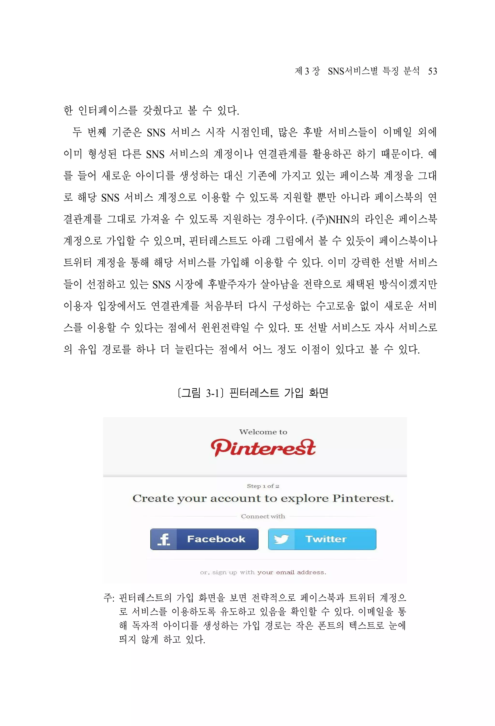 제 3 장 SNS서비스별 특징 분석 53

한 인터페이스를 갖췄다고 볼 수 있다.
두 번째 기준은 SNS 서비스 시작 시점인데, 많은 후발 서비스들이 이메일 외에
이미 형성된 다른 SNS 서비스의 계정이나 연결관계를 활용하곤 하기 때문이다. 예
를 들어 새로운 아이디를 생성하는 대신 기존에 가지고 있는 페이스북 계정을 그대
로 해당 SNS 서비스 계정으로 이용할 수 있도록 지원할 뿐만 아니라 페이스북의 연
결관계를 그대로 가져올 수 있도록 지원하는 경우이다. (주)NHN의 라인은 페이스북
계정으로 가입할 수 있으며, 핀터레스트도 아래 그림에서 볼 수 있듯이 페이스북이나
트위터 계정을 통해 해당 서비스를 가입해 이용할 수 있다. 이미 강력한 선발 서비스
들이 선점하고 있는 SNS 시장에 후발주자가 살아남을 전략으로 채택된 방식이겠지만
이용자 입장에서도 연결관계를 처음부터 다시 구성하는 수고로움 없이 새로운 서비
스를 이용할 수 있다는 점에서 윈윈전략일 수 있다. 또 선발 서비스도 자사 서비스로
의 유입 경로를 하나 더 늘린다는 점에서 어느 정도 이점이 있다고 볼 수 있다.

[그림 3-1] 핀터레스트 가입 화면

주: 핀터레스트의 가입 화면을 보면 전략적으로 페이스북과 트위터 계정으
로 서비스를 이용하도록 유도하고 있음을 확인할 수 있다. 이메일을 통
해 독자적 아이디를 생성하는 가입 경로는 작은 폰트의 텍스트로 눈에
띄지 않게 하고 있다.

 