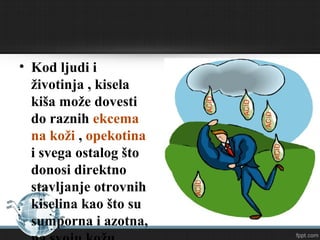 • Kod ljudi i životinja ,
kisela kiša može
dovesti do raznih
ekcema na koži ,
opekotina i svega
ostalog što donosi
direktno stavljanje
otrovnih kiselina kao
što su sumporna i
azotna, na svoju kožu
 