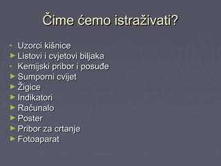 Čime ćemo istraživati?Čime ćemo istraživati?
• Uzorci kišniceUzorci kišnice
► Listovi i cvjetovi biljakaListovi i cvjetovi biljaka
• Kemijski pribor i posuđeKemijski pribor i posuđe
► Sumporni cvijetSumporni cvijet
► ŽigiceŽigice
► IndikatoriIndikatori
► RačunaloRačunalo
► PosterPoster
► Pribor za crtanjePribor za crtanje
► FotoaparatFotoaparat
 