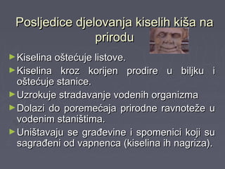 Posljedice djelovanja kiselih kiša naPosljedice djelovanja kiselih kiša na
priroduprirodu
►Kiselina oštećuje listove.Kiselina oštećuje listove.
►Kiselina kroz korijen prodire u biljku iKiselina kroz korijen prodire u biljku i
oštećuje stanice.oštećuje stanice.
►Uzrokuje stradavanje vodenih organizmaUzrokuje stradavanje vodenih organizma
►Dolazi do poremećaja prirodne ravnoteže uDolazi do poremećaja prirodne ravnoteže u
vodenim staništima.vodenim staništima.
►Uništavaju se građevine i spomenici koji suUništavaju se građevine i spomenici koji su
sagrađeni od vapnenca (kiselina ih nagriza).sagrađeni od vapnenca (kiselina ih nagriza).
 