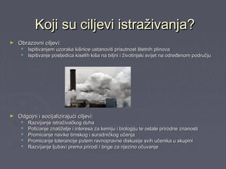 Koji su ciljevi istraživanja?Koji su ciljevi istraživanja?
► Obrazovni ciljevi:Obrazovni ciljevi:
 Ispitivanjem uzoraka kišnice ustanoviti prisutnost štetnih plinovaIspitivanjem uzoraka kišnice ustanoviti prisutnost štetnih plinova
 Ispitivanje posljedica kiselih kiša na biljni i životinjski svijet na određenom područjuIspitivanje posljedica kiselih kiša na biljni i životinjski svijet na određenom području
► Odgojni i socijalizirajući ciljevi:Odgojni i socijalizirajući ciljevi:
 Razvijanje istraživačkog duhaRazvijanje istraživačkog duha
 Poticanje znatiželje i interesa za kemiju i biologiju te ostale prirodne znanostiPoticanje znatiželje i interesa za kemiju i biologiju te ostale prirodne znanosti
 Promicanje navike timskog i suradničkog učenjaPromicanje navike timskog i suradničkog učenja
 Promicanje tolerancije putem ravnopravne diskusije svih učenika u skupiniPromicanje tolerancije putem ravnopravne diskusije svih učenika u skupini
 Razvijanje ljubavi prema prirodi i brige za njezino očuvanjeRazvijanje ljubavi prema prirodi i brige za njezino očuvanje
 
