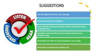 SUGGESTIONS
Use the right channel for your message.
Always consider your audience.
Short, familiar words are usually a better choice than long,
unfamiliar ones.
Anticipate what questions may be asked and have your
answers ready.
Remember that 93% of communication is non-verbal.
Work life & social life don’t always mix
 