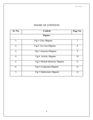 OnlineQuiz
4
FIGURE OF CONTENTS
Sr. No. Content Page No.
Figures
1. Fig.1: Class Diagram 7
2. Fig.2: Use Case Diagram 8
3. Fig.3: Sequence Diagram 9
4. Fig.4: Activity Diagram 10
5. Fig.5: Module Hierarchy Diagram 11
6. Fig.6: Component Diagram 11
7. Fig.7: Deployment Diagram 12
 