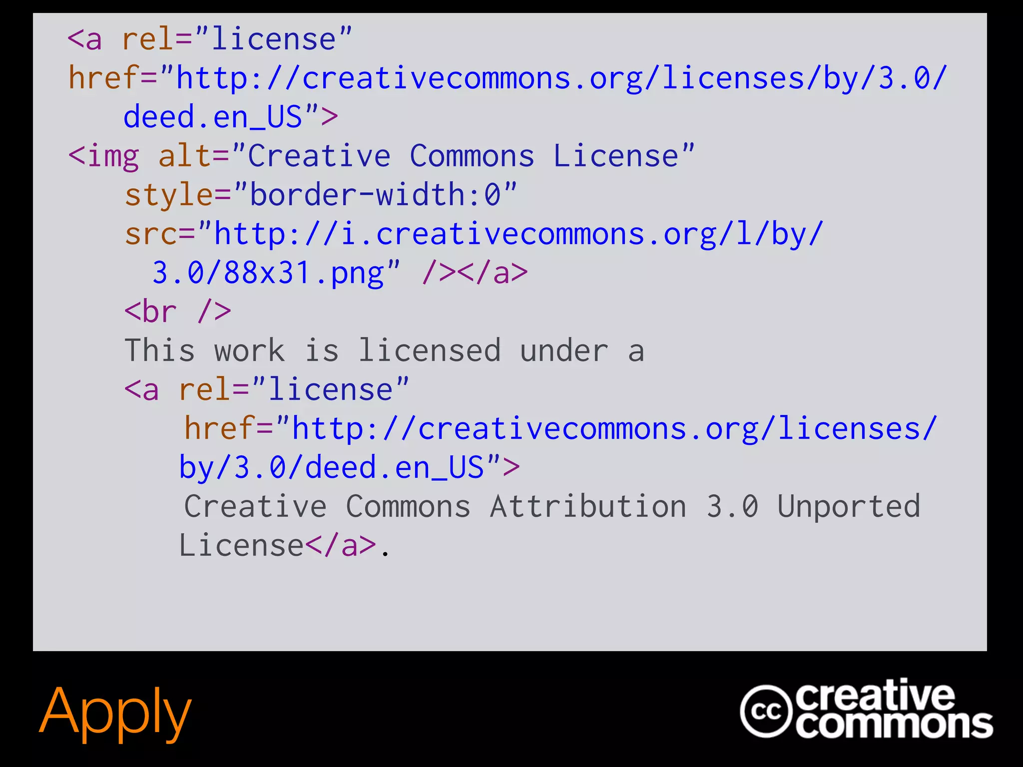 Apply
see http://creativecommons.org/choose/
<a rel="license"
href="http://creativecommons.org/licenses/by/3.0/
deed.en_US">
<img alt="Creative Commons License"
style="border-width:0"
src="http://i.creativecommons.org/l/by/
3.0/88x31.png" /></a>
<br />
This work is licensed under a
<a rel="license"
href="http://creativecommons.org/licenses/
by/3.0/deed.en_US">
Creative Commons Attribution 3.0 Unported
License</a>.
 