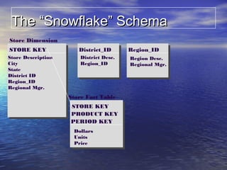 The “Snowflake” Schema
Store Dimension
STORE KEY              District_ID       Region_ID
Store Description       District Desc.   Region Desc.
City                    Region_ID        Regional Mgr.
State
District ID
Region_ID
Regional Mgr.
                    Store Fact Table
                    STORE KEY
                    PRODUCT KEY
                    PERIOD KEY
                     Dollars
                     Units
                     Price
 
