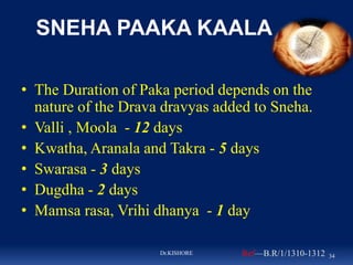 SNEHA PAAKA KAALA
• The Duration of Paka period depends on the
nature of the Drava dravyas added to Sneha.
• Valli , Moola...