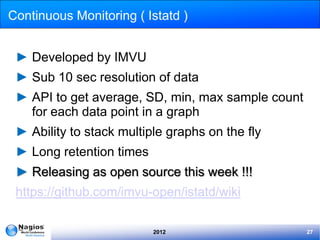 Continuous Monitoring ( Istatd )


 ► Developed by IMVU
 ► Sub 10 sec resolution of data
 ► API to get average, SD, min, max sample count
   for each data point in a graph
 ► Ability to stack multiple graphs on the fly
 ► Long retention times
 ► Releasing as open source this week !!!
 https://github.com/imvu-open/istatd/wiki

                          2012                     27
 