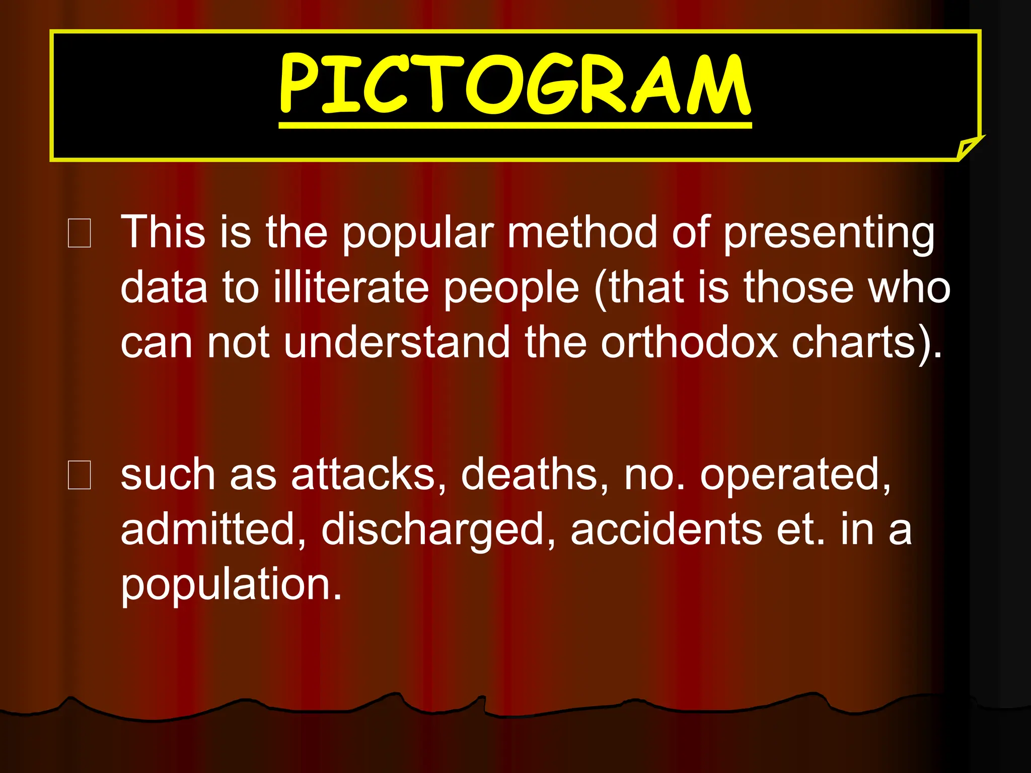 PICTOGRAM
This is the popular method of presenting
data to illiterate people (that is those who
can not understand the orthodox charts).
such as attacks, deaths, no. operated,
admitted, discharged, accidents et. in a
population.
 