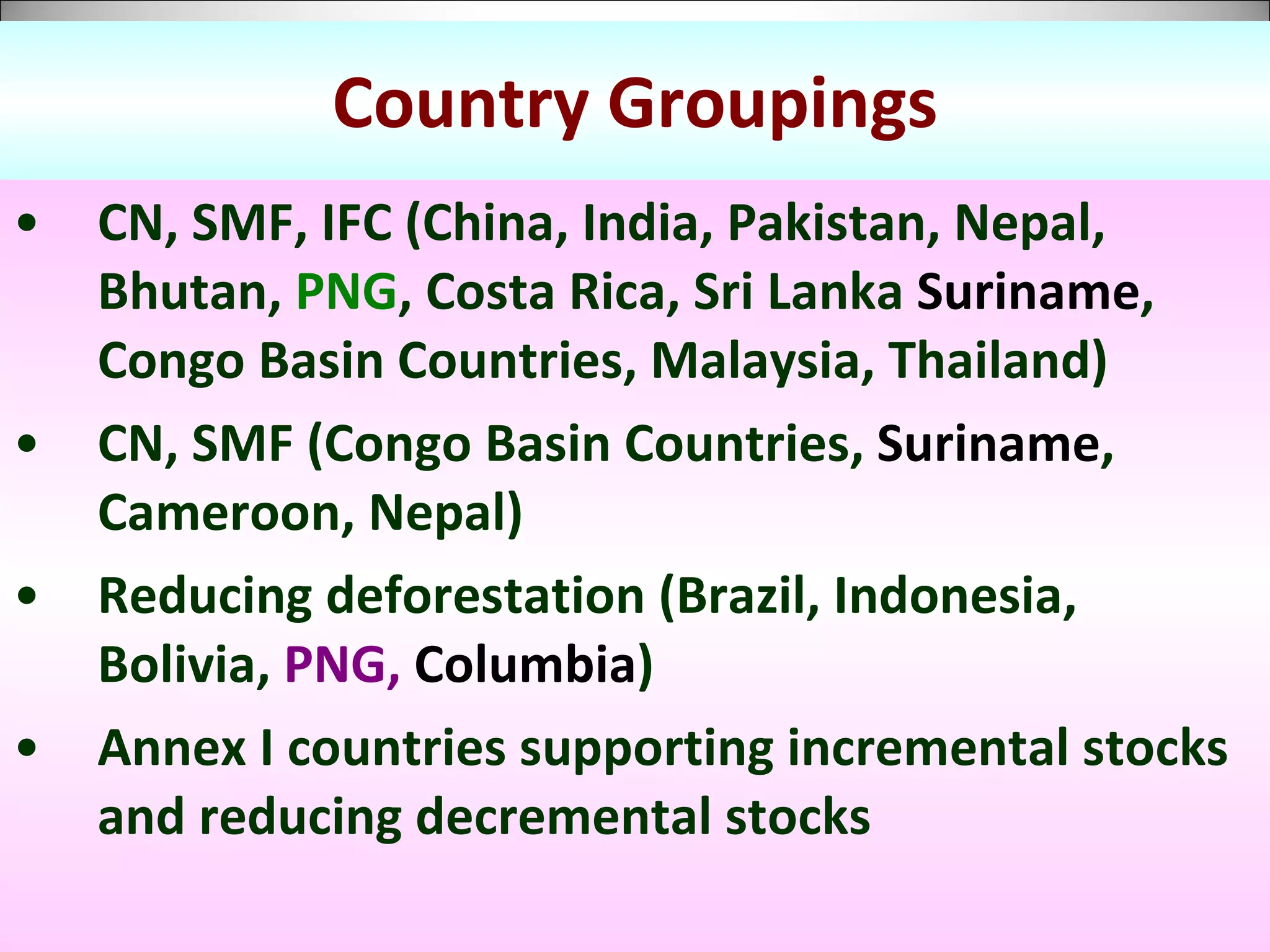 Country Groupings CN, SMF, IFC (China, India, Pakistan, Nepal, Bhutan,  PNG , Costa Rica, Sri Lanka  Suriname , Congo Basin Countries, Malaysia, Thailand) CN, SMF (Congo Basin Countries,  Suriname , Cameroon, Nepal) Reducing deforestation (Brazil, Indonesia, Bolivia,  PNG,  Columbia ) Annex I countries supporting incremental stocks and reducing decremental stocks 