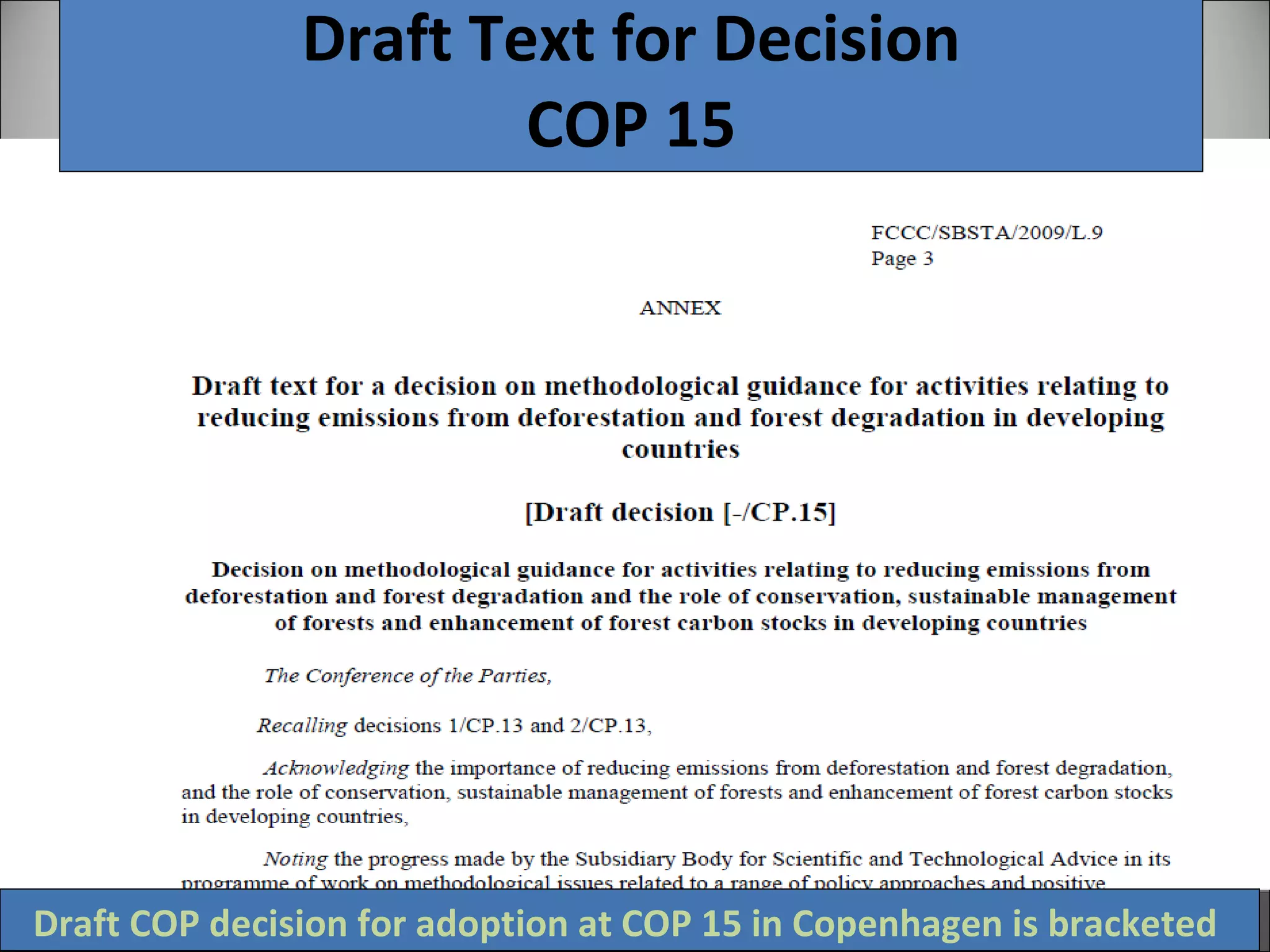 Draft Text for Decision COP 15 Draft COP decision for adoption at COP 15 in Copenhagen is bracketed  