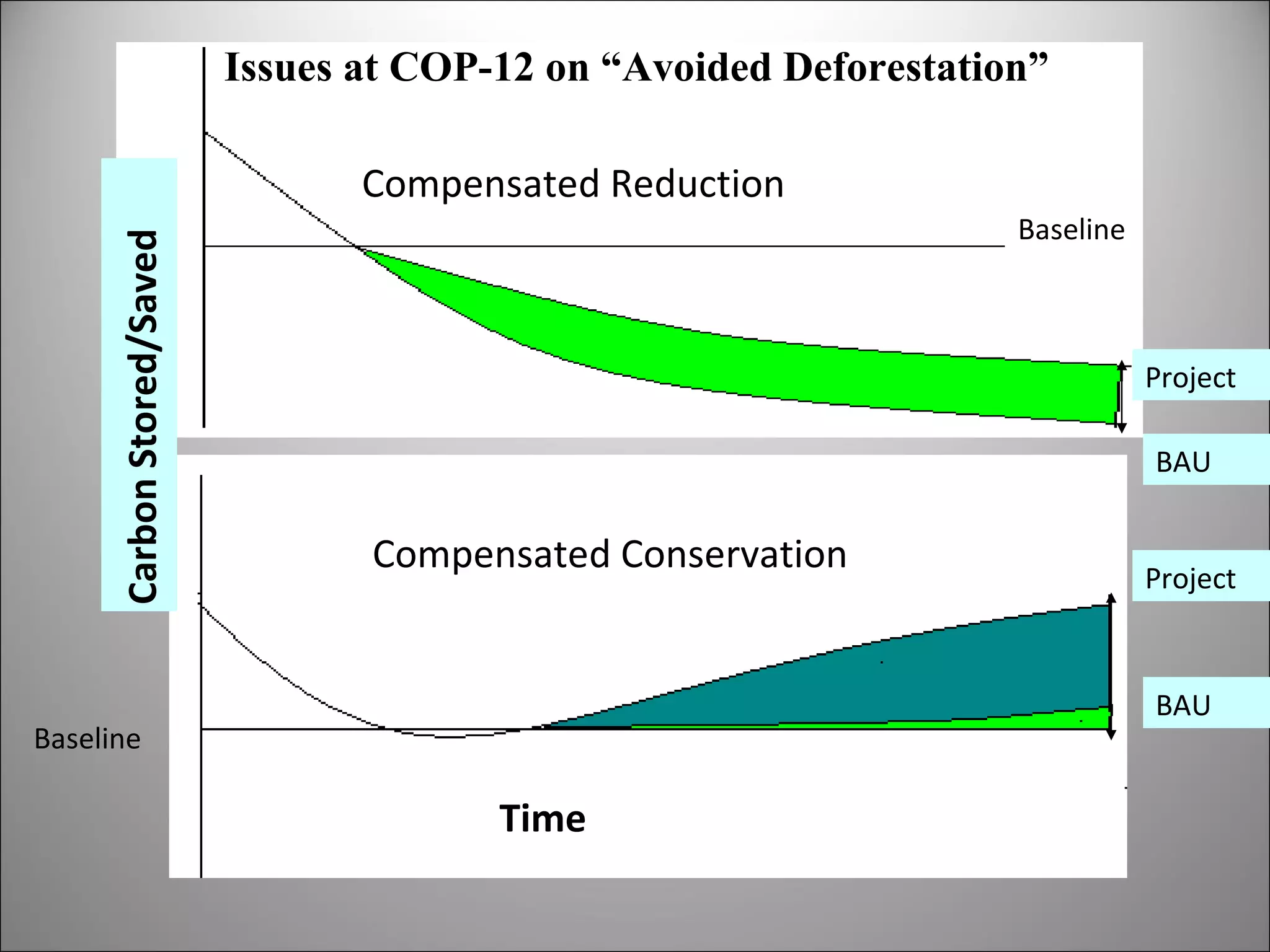 Compensated Reduction Compensated Conservation Project Project BAU BAU Baseline Time Carbon Stored/Saved Issues at COP-12 on “Avoided Deforestation” Baseline 