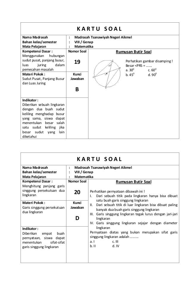 Kisi Kisi Dan Kartu Soal Matematika Kelas 8