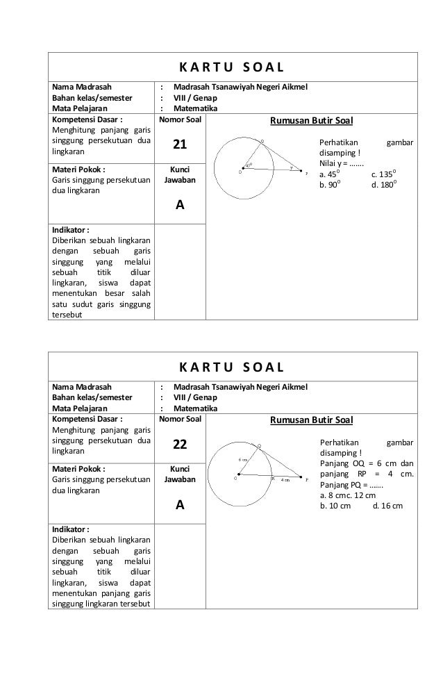 Kisi Kisi Dan Kartu Soal Matematika Kelas 8
