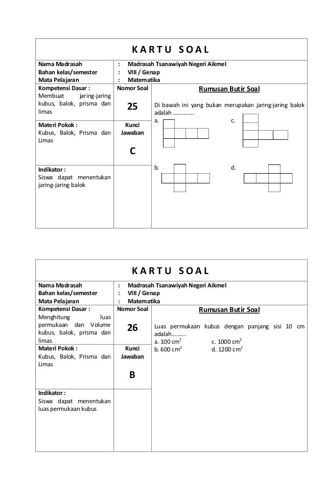 Kisi Kisi Dan Kartu Soal Matematika Kelas 8