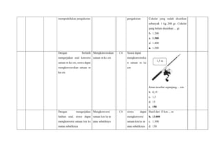 mempraktikkan pengukuran pengukuran Cokelat yang sudah dicairkan
sebanyak 1 kg 200 gr. Cokelat
yang belum dicairkan ... gr.
b. 1.200
c. 1.300
d. 1.400
a. 1.500
Dengan berlatih
mengerjakan soal konversi
satuan m ke cm, siswa dapat
mengkonversikan satuan m
ke cm
Mengkonversikan
satuan m ke cm
C4 Siswa dapat
mengkonversika
n satuan m ke
cm
Joran tersebut sepanjang ... cm.
b. 0,15
c. 1,5
d. 15
a. 150
Dengan mengerjakan
latihan soal, siswa dapat
mengkonversi satuan km ke
matau sebaliknya
Mengkonversi
satuan km ke m
atau sebaliknya
C4 siswa dapat
mengkonversi
satuan km ke m
atau sebaliknya
Hasil dari 13 km ... m
b. 13.000
c. 1.300
d. 130
1,5 m
 