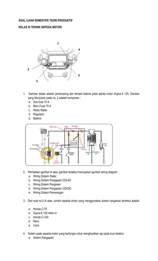 SOAL UJIAN SEMESTER TEORI PRODUKTIF
KELAS XI TEKNIK SEPEDA MOTOR
1. Gambar diatas adalah penampang dari tempat baterai pada sepda motor Supra-X 125. Gambar
yang ditunjukan pada no. 2 adalah komponen :
a. Sub fuse 10 A
b. Main Fuse 15 A
c. Relay Stater
d. Regulator
e. Baterai
2. Perhatikan gambar di atas, gambar tersebut merupakan gambar wiring diagram :
a. Wiring Sistem Stater
b. Wiring Sistem Pengapain CDI-AC
c. Wiring Sistem Pengisian
d. Wiring Sistem Pengapian CDI-DC
e. Wiring Sistem Penerangan
3. Dari soal no.2 di atas, contoh sepeda motor yang menggunakan sistem rangakian tersebut adalah
:
a. Honda C-70
b. Supra-X 125 Helm in
c. Honda C-100
d. Revo
e. Vario
4. Sistem pada sepeda motor yang berfungsi untuk menghasilkan api pada busi disebut :
a. Sistem Pengapian
5
4
3
2
1
 