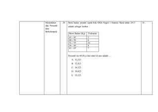 Menentukan
nilai Persentil
data
Berkelompok
20 Berat badan pemain sepak bola SMA Negeri 1 Amarasi Barat tahun 2015
adalah sebagai berikut :
Berat Badan (Kg) Frekuensi
41 – 45 3
46 – 50 6
51 – 55 16
56 – 60 8
61 – 65 7
Persentil ke-60 (P60) dari tabel di atas adalah ....
A. 52,325
B. 52,825
C. 54,325
D. 54,825
E. 55,325
D
 