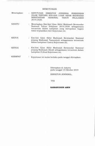 MEMUTUSKAN:
Menetapkan
KESATU
KEDUA
KETIGA
KEEMPAT
KEPUTUSAN DIREKTUR JENDERAL PENDIDIKAN
ISLAM TENTANG KISI-KISI UJIAN AK...