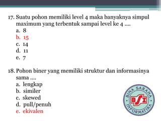 17. Suatu pohon memiliki level 4 maka banyaknya simpul
maximum yang terbentuk sampai level ke 4 ....
a. 8
b. 15
c. 14
d. 11
e. 7
18.Pohon biner yang memiliki struktur dan informasinya
sama ....
a. lengkap
b. similer
c. skewed
d. pull/penuh
e. ekivalen
 