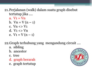 21.Perjalanan (walk) dalam suatu graph disebut
tertutup jika ....
a. V1 = Vn
b. Vn = V (n – 1)
c. Vn <> V1
d. V1 <> Vn
e. V1 = V (n – 1)
22.Graph terhubung yang mengandung circuit ....
a. sibling
b. ancestor
c. tree
d. graph berarah
e. graph tertutup
 