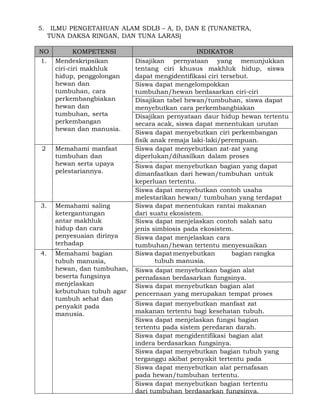 5. ILMU PENGETAHUAN ALAM SDLB – A, D, DAN E (TUNANETRA,
TUNA DAKSA RINGAN, DAN TUNA LARAS)
NO
1.

KOMPETENSI
Mendeskripsikan
ciri-ciri makhluk
hidup, penggolongan
hewan dan
tumbuhan, cara
perkembangbiakan
hewan dan
tumbuhan, serta
perkembangan
hewan dan manusia.

2

Memahami manfaat
tumbuhan dan
hewan serta upaya
pelestariannya.

3.

4.

Memahami saling
ketergantungan
antar makhluk
hidup dan cara
penyesuaian dirinya
terhadap
lingkungan.bagian
Memahami
tubuh manusia,
hewan, dan tumbuhan,
beserta fungsinya
menjelaskan
kebutuhan tubuh agar
tumbuh sehat dan
penyakit pada
manusia.

INDIKATOR
Disajikan pernyataan yang menunjukkan
tentang ciri khusus makhluk hidup, siswa
dapat mengidentifikasi ciri tersebut.
Siswa dapat mengelompokkan
tumbuhan/hewan berdasarkan ciri-ciri
yang dimilikinya.
Disajikan tabel hewan/tumbuhan, siswa dapat
menyebutkan cara perkembangbiakan
hewan/tumbuhan tertentu.hidup hewan tertentu
Disajikan pernyataan daur
secara acak, siswa dapat menentukan urutan
daur hidup hewan tersebut. perkembangan
Siswa dapat menyebutkan ciri
fisik anak remaja laki-laki/perempuan.
Siswa dapat menyebutkan zat-zat yang
diperlukan/dihasilkan dalam proses
fotosintesis. menyebutkan bagian yang dapat
Siswa dapat
dimanfaatkan dari hewan/tumbuhan untuk
keperluan tertentu.
Siswa dapat menyebutkan contoh usaha
melestarikan hewan/ tumbuhan yang terdapat
di daerah tertentu.
Siswa dapat menentukan rantai makanan
dari suatu ekosistem.
Siswa dapat menjelaskan contoh salah satu
jenis simbiosis pada ekosistem.
Siswa dapat menjelaskan cara
tumbuhan/hewan tertentu menyesuaikan
diri dengan lingkungannya.
Siswa dapat menyebutkan
bagian rangka
tubuh manusia.
Siswa dapat menyebutkan bagian alat
pernafasan berdasarkan fungsinya.
Siswa dapat menyebutkan bagian alat
pencernaan yang merupakan tempat proses
pencernaan. menyebutkan manfaat zat
Siswa dapat
makanan tertentu bagi kesehatan tubuh.
Siswa dapat menjelaskan fungsi bagian
tertentu pada sistem peredaran darah.
Siswa dapat mengidentifikasi bagian alat
indera berdasarkan fungsinya.
Siswa dapat menyebutkan bagian tubuh yang
terganggu akibat penyakit tertentu pada
manusia.
Siswa dapat menyebutkan alat pernafasan
pada hewan/tumbuhan tertentu.
Siswa dapat menyebutkan bagian tertentu
dari tumbuhan berdasarkan fungsinya.

 