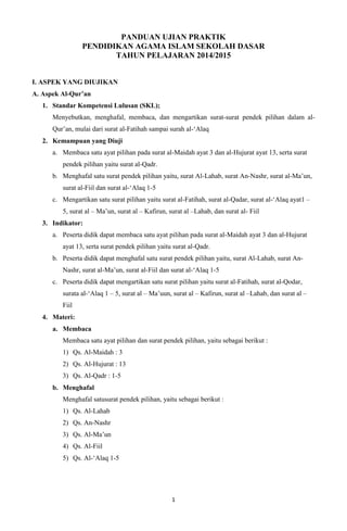 1
PANDUAN UJIAN PRAKTIK
PENDIDIKAN AGAMA ISLAM SEKOLAH DASAR
TAHUN PELAJARAN 2014/2015
I. ASPEK YANG DIUJIKAN
A. Aspek Al-Qur’an
1. Standar Kompetensi Lulusan (SKL);
Menyebutkan, menghafal, membaca, dan mengartikan surat-surat pendek pilihan dalam al-
Qur’an, mulai dari surat al-Fatihah sampai surah al-‘Alaq
2. Kemampuan yang Diuji
a. Membaca satu ayat pilihan pada surat al-Maidah ayat 3 dan al-Hujurat ayat 13, serta surat
pendek pilihan yaitu surat al-Qadr.
b. Menghafal satu surat pendek pilihan yaitu, surat Al-Lahab, surat An-Nashr, surat al-Ma’un,
surat al-Fiil dan surat al-‘Alaq 1-5
c. Mengartikan satu surat pilihan yaitu surat al-Fatihah, surat al-Qadar, surat al-‘Alaq ayat1 –
5, surat al – Ma’un, surat al – Kafirun, surat al –Lahab, dan surat al- Fiil
3. Indikator:
a. Peserta didik dapat membaca satu ayat pilihan pada surat al-Maidah ayat 3 dan al-Hujurat
ayat 13, serta surat pendek pilihan yaitu surat al-Qadr.
b. Peserta didik dapat menghafal satu surat pendek pilihan yaitu, surat Al-Lahab, surat An-
Nashr, surat al-Ma’un, surat al-Fiil dan surat al-‘Alaq 1-5
c. Peserta didik dapat mengartikan satu surat pilihan yaitu surat al-Fatihah, surat al-Qodar,
surata al-‘Alaq 1 – 5, surat al – Ma’uun, surat al – Kafirun, surat al –Lahab, dan surat al –
Fiil
4. Materi:
a. Membaca
Membaca satu ayat pilihan dan surat pendek pilihan, yaitu sebagai berikut :
1) Qs. Al-Maidah : 3
2) Qs. Al-Hujurat : 13
3) Qs. Al-Qadr : 1-5
b. Menghafal
Menghafal satusurat pendek pilihan, yaitu sebagai berikut :
1) Qs. Al-Lahab
2) Qs. An-Nashr
3) Qs. Al-Ma’un
4) Qs. Al-Fiil
5) Qs. Al-‘Alaq 1-5
 