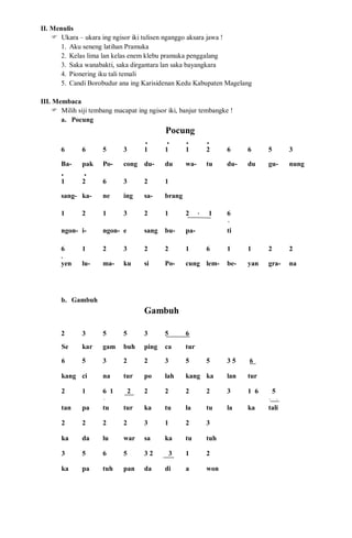 II. Menulis
 Ukara – ukara ing ngisor iki tulisen nganggo aksara jawa !
1. Aku seneng latihan Pramuka
2. Kelas lima lan kelas enem klebu pramuka penggalang
3. Saka wanabakti, saka dirgantara lan saka bayangkara
4. Pionering iku tali temali
5. Candi Borobudur ana ing Karisidenan Kedu Kabupaten Magelang
III. Membaca
 Milih siji tembang macapat ing ngisor iki, banjur tembangke !
a. Pocung
Pocung
. . . .
6 6 5 3 1 1 1 2 6 6 5 3
Ba- pak Po- cong du- du wa- tu du- du gu- nung
. .
1 2 6 3 2 1
sang- ka- ne ing sa- brang
1 2 1 3 2 1 2 · 1 6
'
ngon- i- ngon- e sang bu- pa- ti
6 1 2 3 2 2 1 6 1 1 2 2
.
yen lu- ma- ku si Po- cung lem- be- yan gra- na
b. Gambuh
Gambuh
2 3 5 5 3 5 6
Se kar gam buh ping ca tur
6 5 3 2 2 3 5 5 3 5 6
kang ci na tur po lah kang ka lan tur
2 1 6 1 2 2 2 2 2 3 1 6 5
· · ·
tan pa tu tur ka tu la tu la ka tali
2 2 2 2 3 1 2 3
ka da lu war sa ka tu tuh
3 5 6 5 3 2 3 1 2
ka pa tuh pan da di a won
 