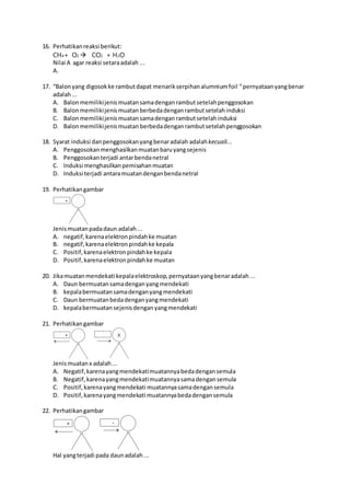 16. Perhatikanreaksi berikut:
CH4+ O2  CO2 + H2O
Nilai A agar reaksi setaraadalah ...
A.
17. “Balonyang digosokke rambutdapat menarikserpihanalumniumfoil “pernyataanyangbenar
adalah...
A. Balonmemilikijenismuatansamadenganrambutsetelahpenggosokan
B. Balonmemilikijenismuatanberbedadenganrambutsetelahinduksi
C. Balonmemilikijenismuatansamadenganrambutsetelahinduksi
D. Balonmemilikijenismuatan berbedadenganrambutsetelahpenggosokan
18. Syarat induksi danpenggosokanyangbenaradalah adalahkecuali...
A. Penggosokanmenghasilkanmuatanbaruyangsejenis
B. Penggosokanterjadi antarbendanetral
C. Induksi menghasilkanpemisahanmuatan
D. Induksi terjadi antaramuatandenganbendanetral
19. Perhatikangambar
+
Jenismuatanpadadaun adalah...
A. negatif,karenaelektronpindahke muatan
B. negatif,karenaelektronpindahke kepala
C. Positif,karenaelektronpindahke kepala
D. Positif, karenaelektronpindahke muatan
20. Jikamuatanmendekati kepalaelektroskop,pernyataanyangbenaradalah...
A. Daun bermuatansamadenganyangmendekati
B. kepalabermuatansamadenganyangmendekati
C. Daun bermuatanbedadenganyangmendekati
D. kepalabermuatansejenisdenganyangmendekati
21. Perhatikangambar
+ X
Jenismuatanx adalah...
A. Negatif,karenayangmendekatimuatannyabedadengansemula
B. Negatif,karenayangmendekatimuatannyasamadengansemula
C. Positif,karenayang mendekati muatannyasamadengansemula
D. Positif,karenayangmendekati muatannyabedadengansemula
22. Perhatikangambar
+ -
Hal yangterjadi pada daunadalah...
 